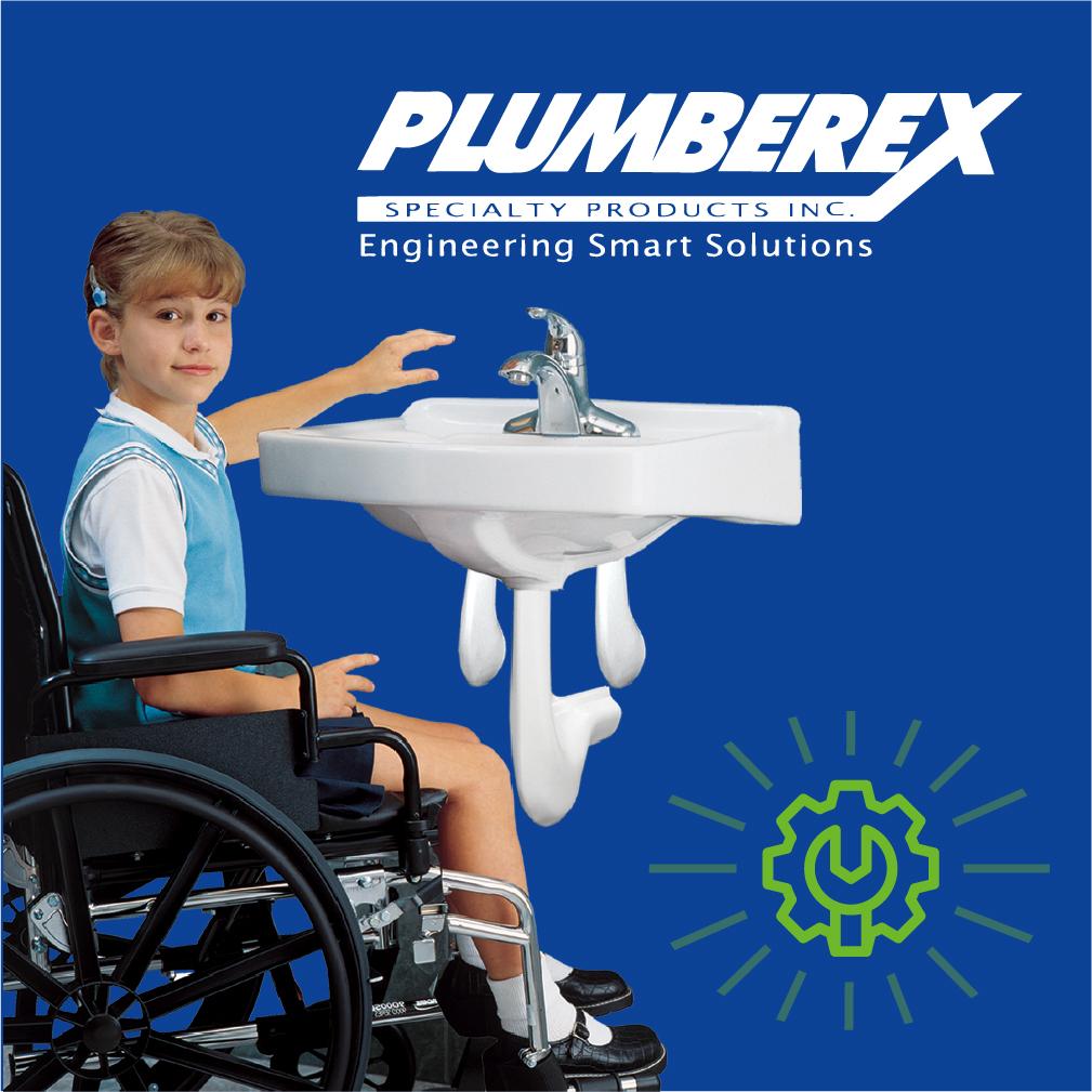 Child in wheelchair washing hands at a sink with Plumberex covers on the pipe.